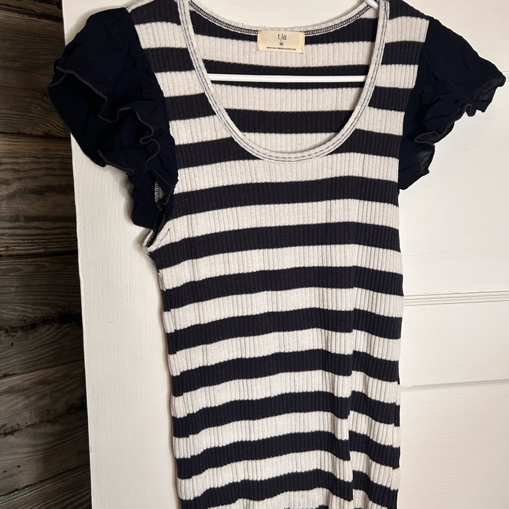 T.La Navy and White Striped Ruffle Sleeve Top
